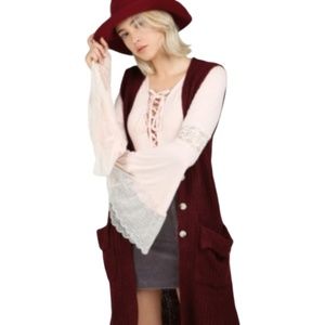 POL Boho Long Pocketed Sweater Vest w Button Front